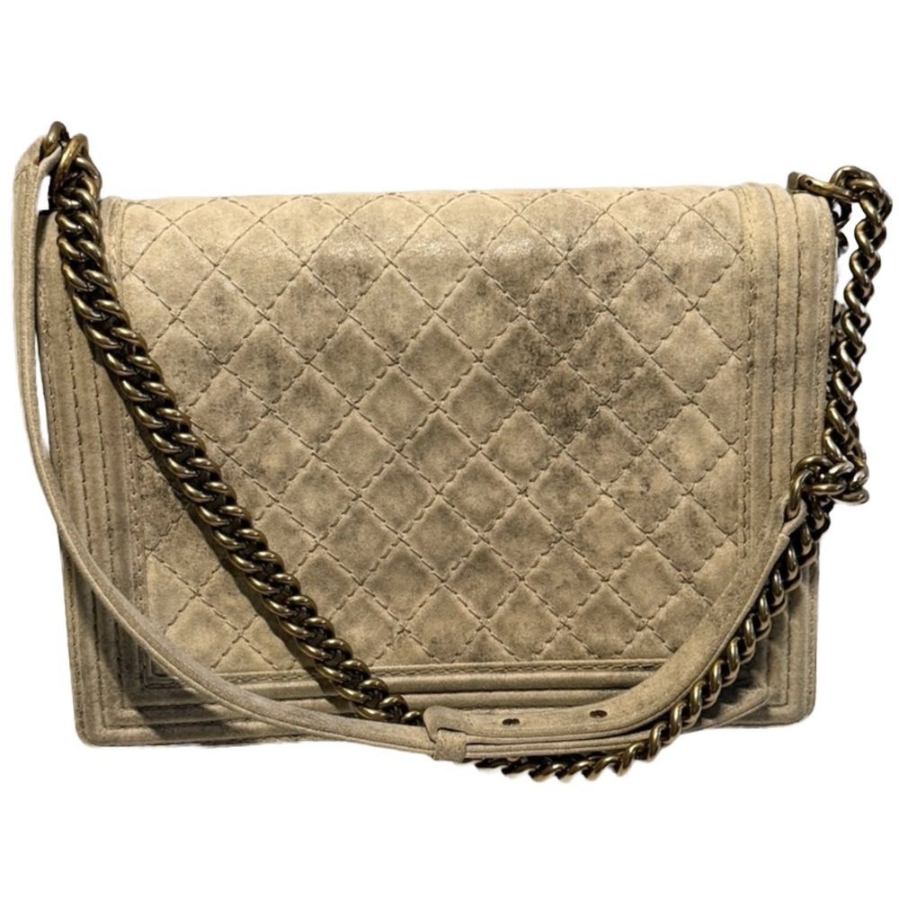 Chanel Large Boy Bag Quilted Suede Beige with Antique Gold Hardware NWOT - Picture 5 of 15